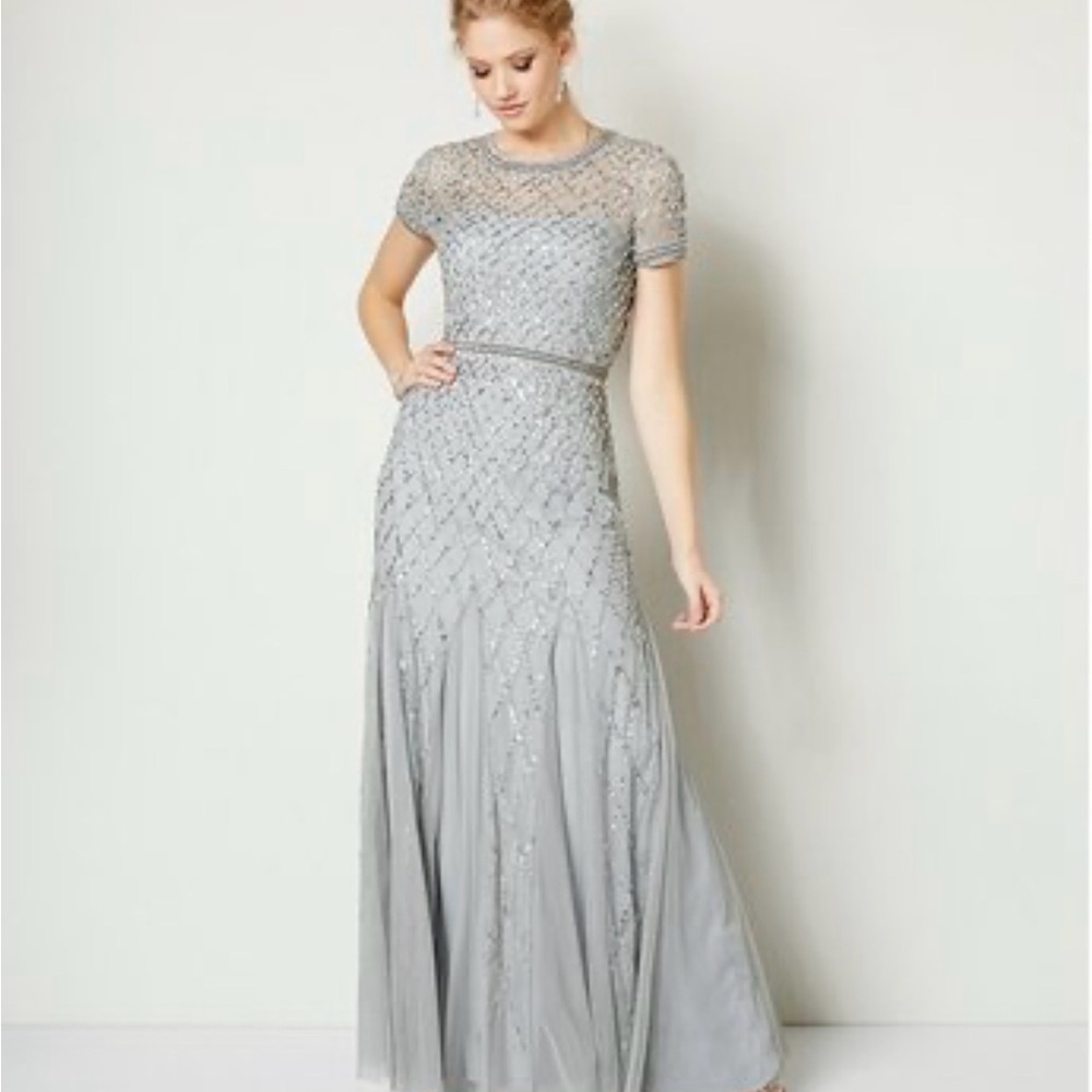 Adrianna Papell Silver Beaded Evening Gown